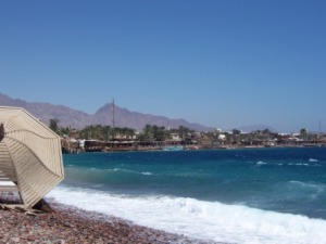 Dahab waterfront with Sinai mountains in the background